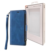 iPhone 15 Saii Zipper Wallet Case with Strap - Blue