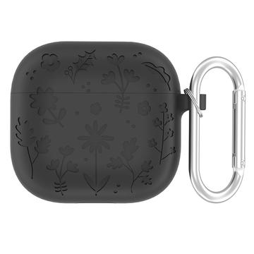 AirPods 4 Flower Pattern Liquid Silicone Case w. Carabiner - Dark Grey