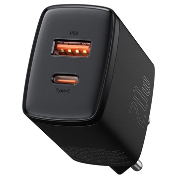 Baseus Compact Wall Charger 20W - USB-C PD3.0, USB QC3.0 (Open Box - Bulk Satisfactory) - Black