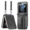 Samsung Galaxy Z Flip5 Floral Print Case with Strap - Black