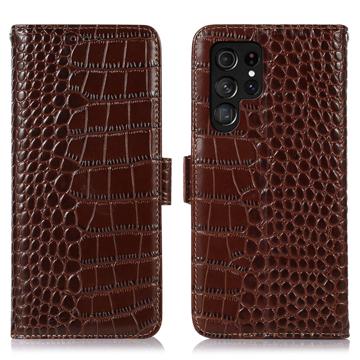 Crocodile Series Samsung Galaxy S23 Ultra 5G Wallet Leather Case with RFID - Brown