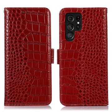 Crocodile Series Samsung Galaxy S23 Ultra 5G Wallet Leather Case with RFID - Red