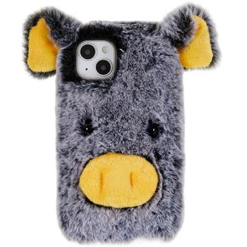 Fluffy Plush iPhone 14 Plus Hybrid Case - Grey Pig