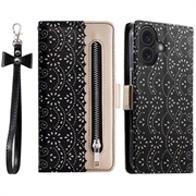 iPhone 16 Lace Pattern Wallet Case - Black