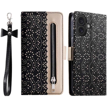 iPhone 16 Plus Lace Pattern Wallet Case - Black