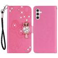 Samsung Galaxy A54 5G Owl Rhinestone Wallet Case - Hot Pink