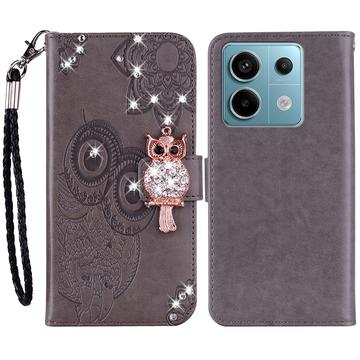 Xiaomi Redmi Note 13 Pro/Poco X6 Owl Rhinestone Wallet Case - Grey