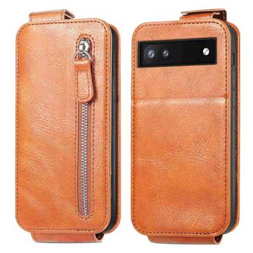 Zipper Pocket Google Pixel 6a Vertical Flip Case - Brown