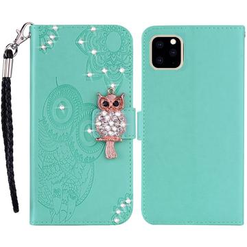 iPhone 14 Owl Rhinestone Wallet Case - Cyan