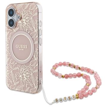 iPhone 16 Guess IML Flowers Allover Electro Case with Pearl Strap - MagSafe Compatible